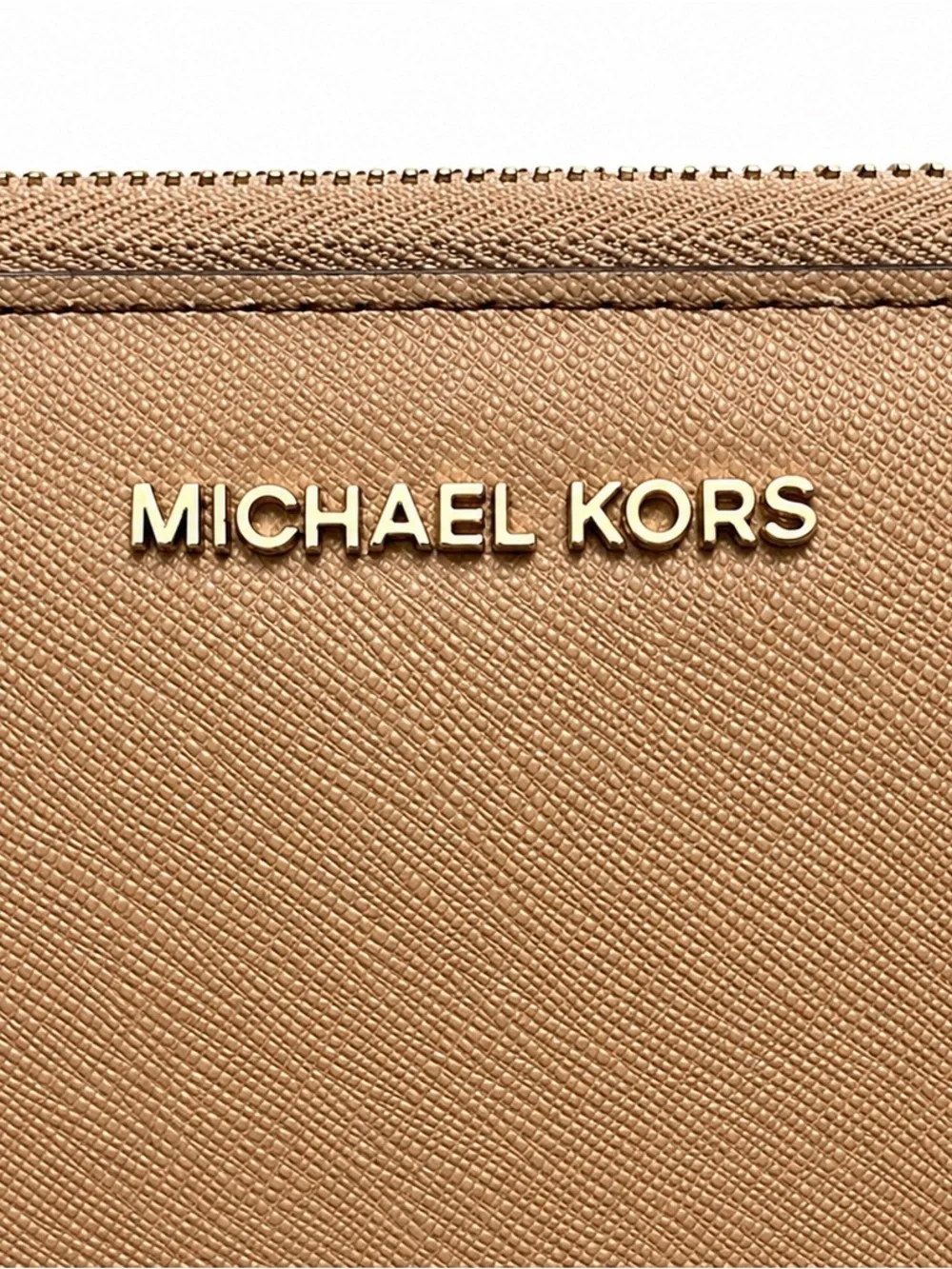 MICHAEL KORS Beige/Tan Saffiano Leather Wristlet with Gold Logo